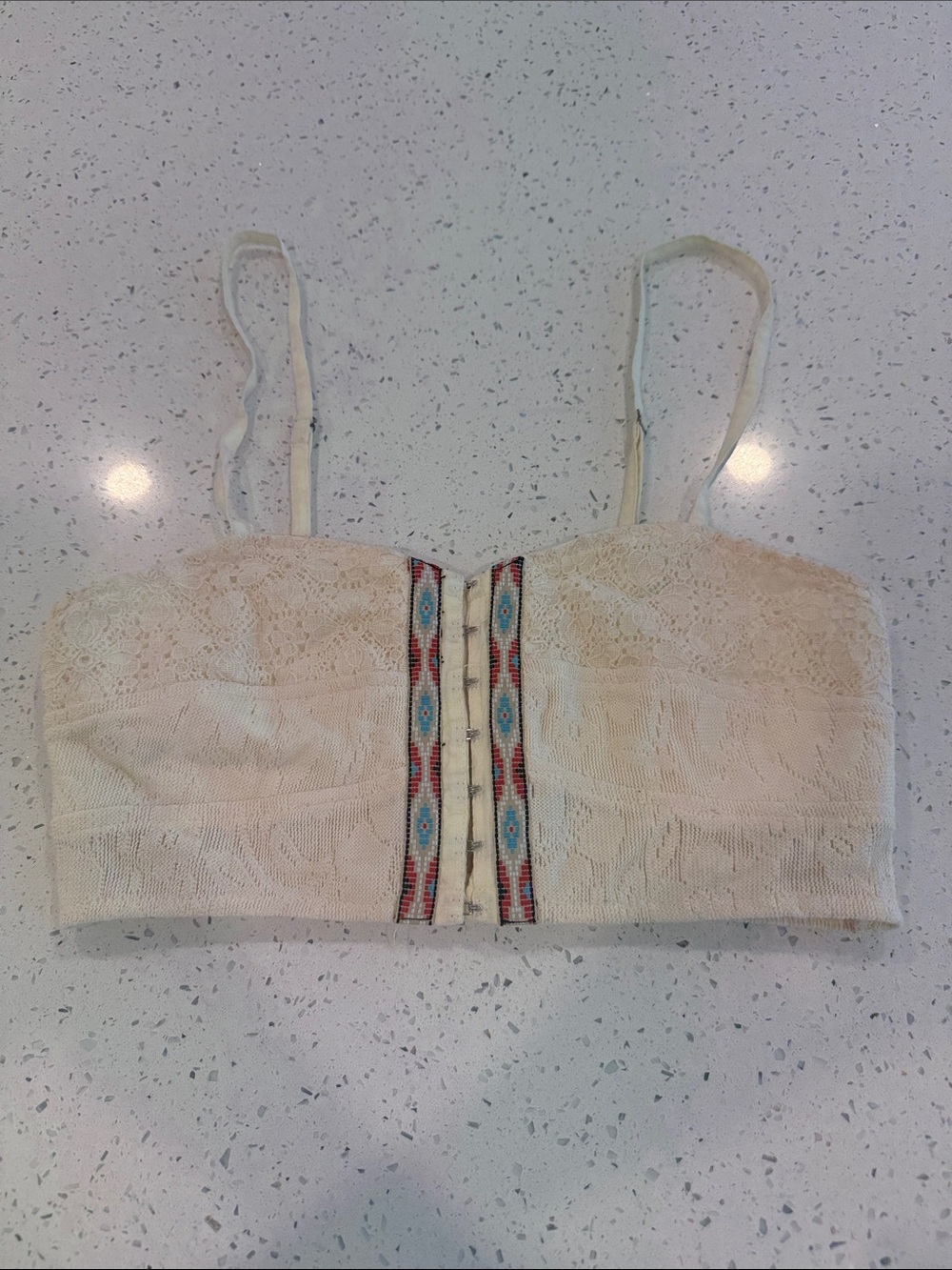 BKE Cream Lace Smocked Bustier with Beaded Aztec Trim